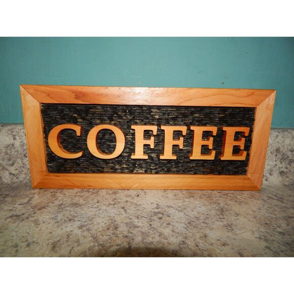 Handmade 14"x6"x1" Cedar Rectangle Textured Wooden Decor Coffee Bar Plaque Sign - Picture 2 of 9